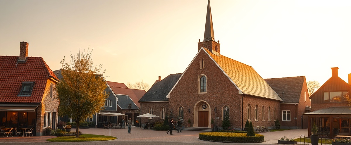 Warme sfeerimpressie van het dorpshart Engelen met de Lambertuskerk