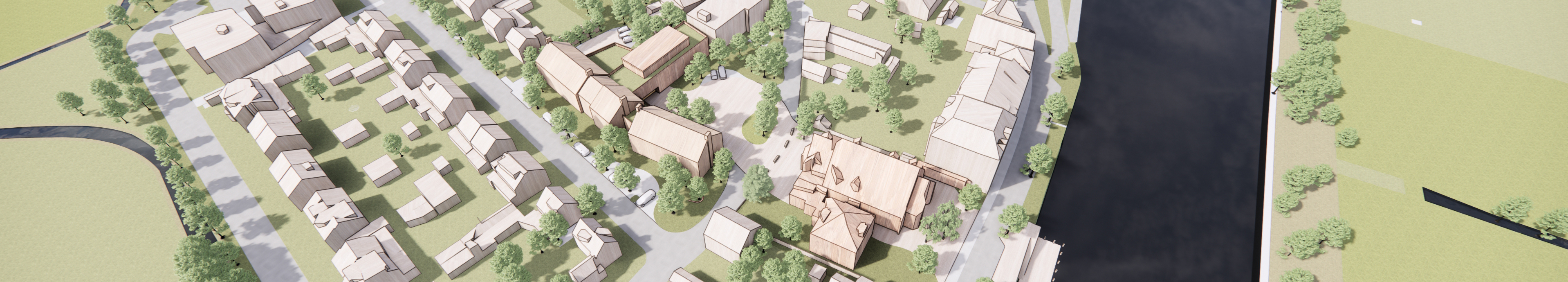 Vogelvlucht perspectief van de dorpskern Engelen