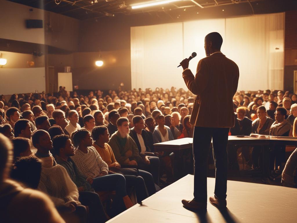 A powerful advocacy scene depicting a passionate speaker addressing a