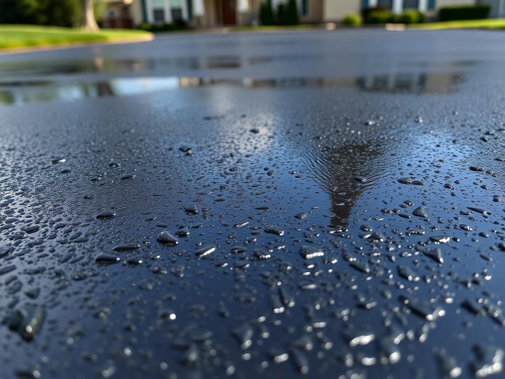 A close up shot of a freshly sealed residential driveway,