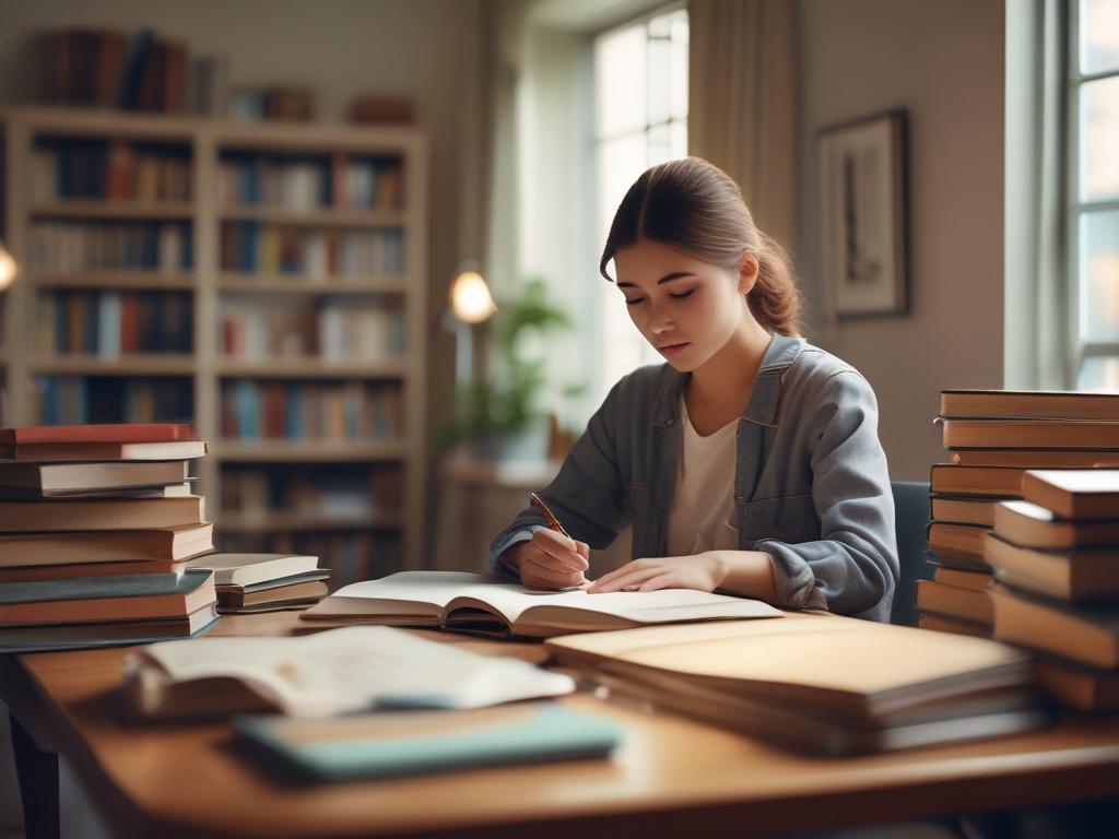 A focused student studying with a tutor, surrounded by books