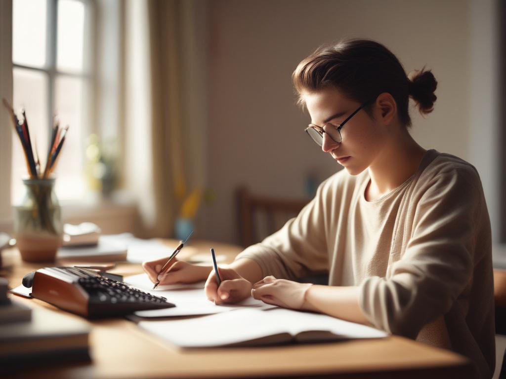A young student sitting at a desk, studying with a