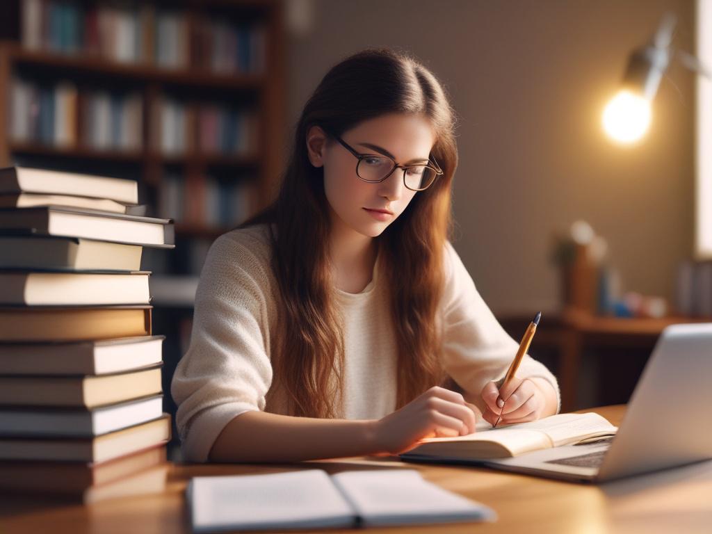 A focused student studying with books and a laptop, a