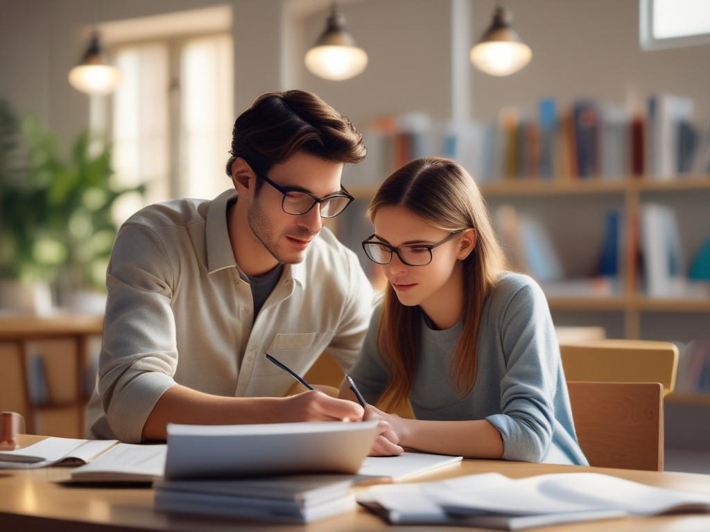A focused young student studying with a tutor in a bright, inviting study space. The tutor is engaged, pointing at a textbook while the student takes notes. The background features soft tones and gentle lighting, creating a peaceful atmosphere, with hints of greenery to reflect the primary color rgb(50, 170, 39).