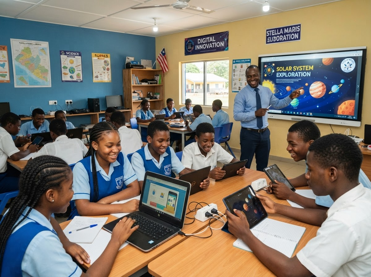 Liberian students in digital classroom with educational technology
