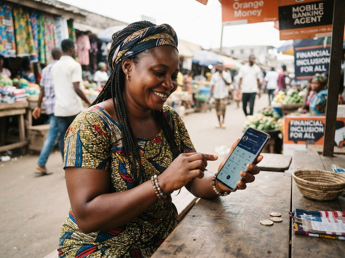Liberian woman using mobile banking service on smartphone