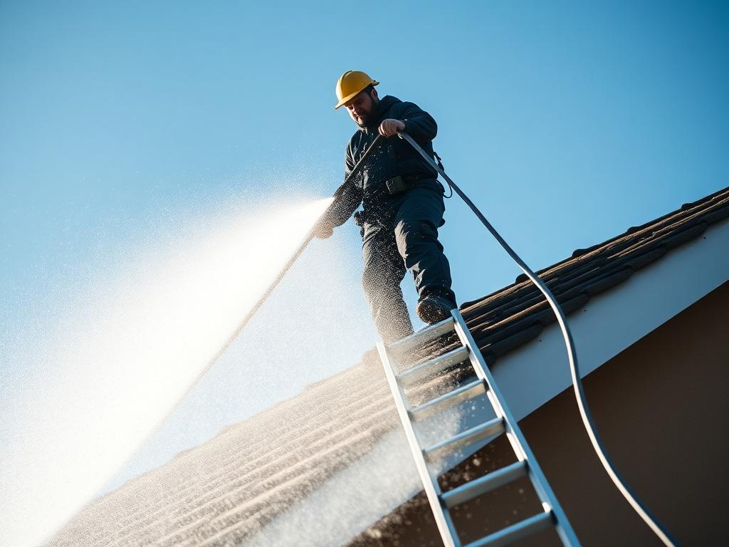 A hyper-realistic close-up shot of a technician performing high-pressure roof cleaning. The image captures the moment water sprays off a clean section of the roof, with remnants of dirt and moss being washed away. The technician is on a ladder, fully equipped with cleaning tools, while a clear blue sky provides a bright backdrop.