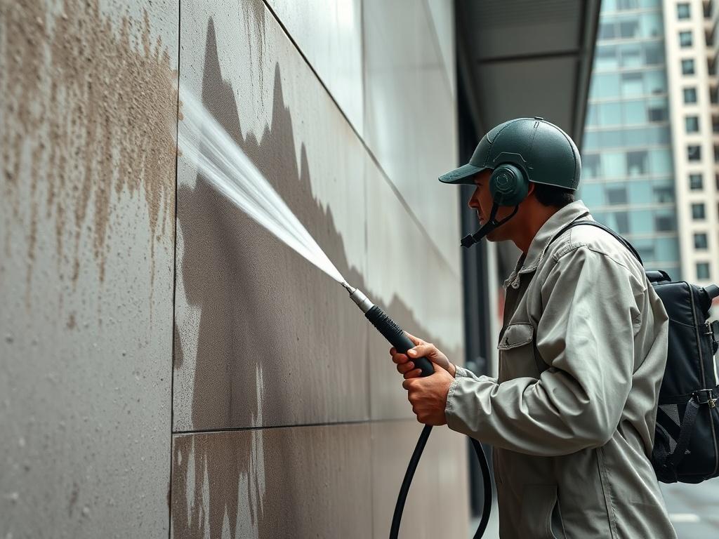 A hyper-realistic close-up shot of a technician using a pressure washer to clean a dirty wall of a commercial building. The wall is partially clean, showcasing a stark contrast between the dirty and clean surfaces. The technician is focused on the task, with water spraying off the wall, and a modern urban environment in the background.