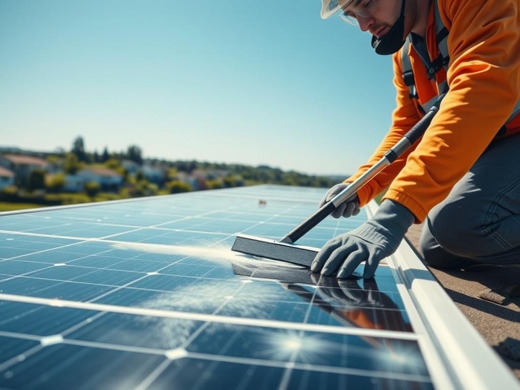 A hyper-realistic close-up shot of a professional cleaning technician carefully washing a solar panel on a roof. The scene showcases bright blue sky and sunlight reflecting off the clean solar panel surface. The technician is wearing safety gear and using a specialized cleaning tool, with a backdrop of a green landscape and residential buildings in the distance.
