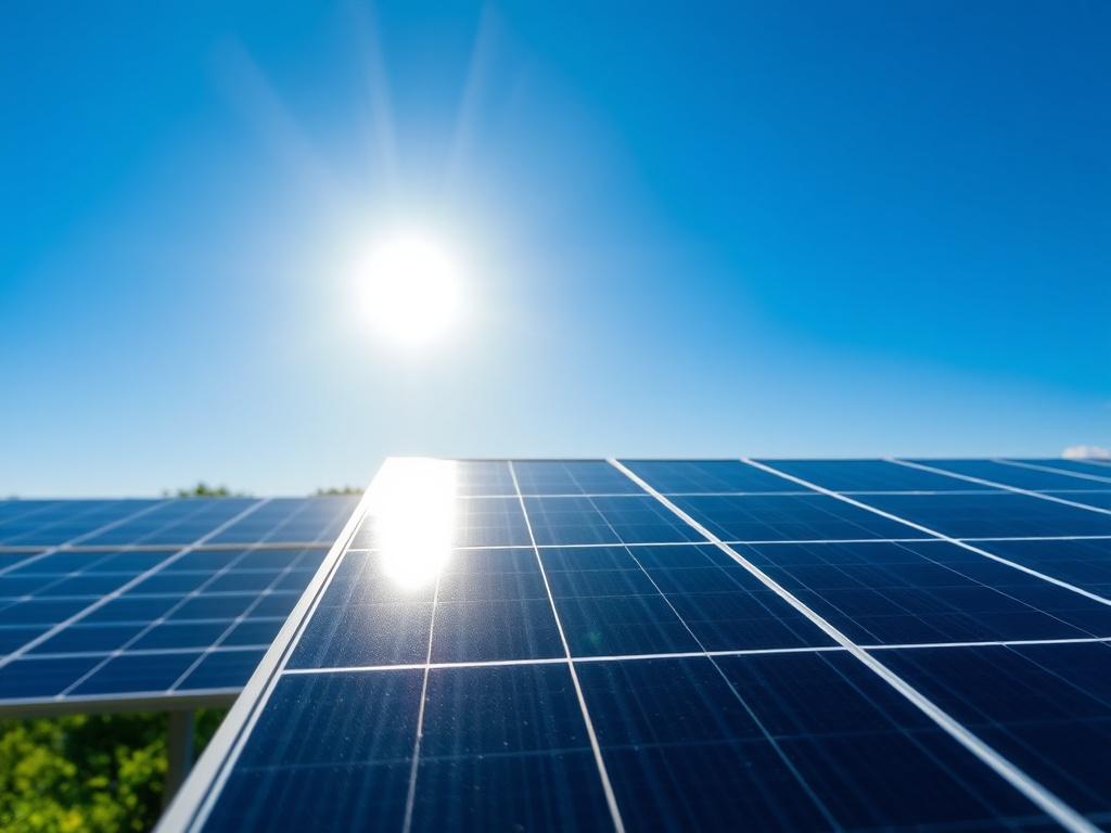 A hyper-realistic close-up shot of a freshly cleaned solar panel, glistening under the sun with clear reflections. The background features a bright blue sky, enhancing the vibrant green landscape surrounding the solar panels. The image should convey cleanliness and high-quality results, highlighting the effectiveness of Tnet Global Group Solar Panel Cleaners. The shot should be taken with a 45mm f/1.2 lens style to emphasize the details of the solar panel and the clarity of the surroundings.
