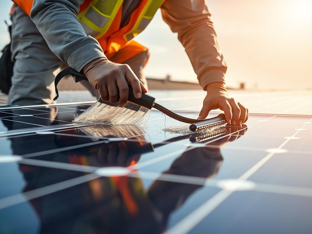 A close up shot of a technician carefully cleaning solar