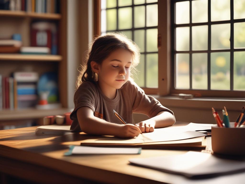A warm and inviting classroom setting, featuring a single child engaging with educational materials. The child is sitting at a wooden desk with colorful books and art supplies around. Bright natural light filters in through a large window, highlighting the earthy tones of the room. The background showcases a bulletin board filled with children's artwork and a small plant on the windowsill, creating a nurturing and creative atmosphere.