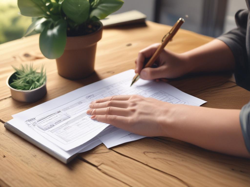 A close-up of a hand filling out an enrollment form at a wooden table, surrounded by nature-inspired elements like a small potted plant and a notebook. The desk should be well-lit, with soft natural light filtering through a nearby window. The form should be partially visible, showcasing boxes and lines for information, but without any identifiable text or personal data. The overall aesthetic should convey a calm, nurturing environment, with earthy tones and textures.