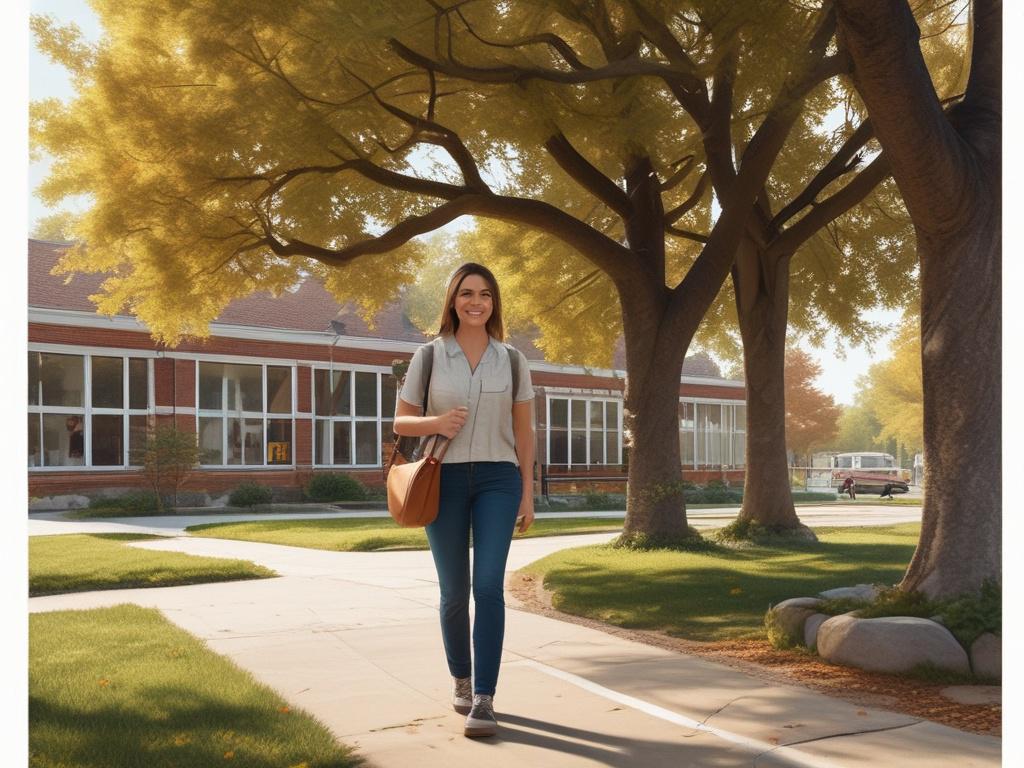A serene school environment featuring a welcoming entrance with a charming pathway lined with trees. In the foreground, a friendly educator stands with a warm smile, holding a calendar, ready to assist parents. The background showcases a well-maintained school building surrounded by nature, with soft, natural lighting filtering through the leaves. The colors are earthy and inviting, emphasizing a clean and green aesthetic.
