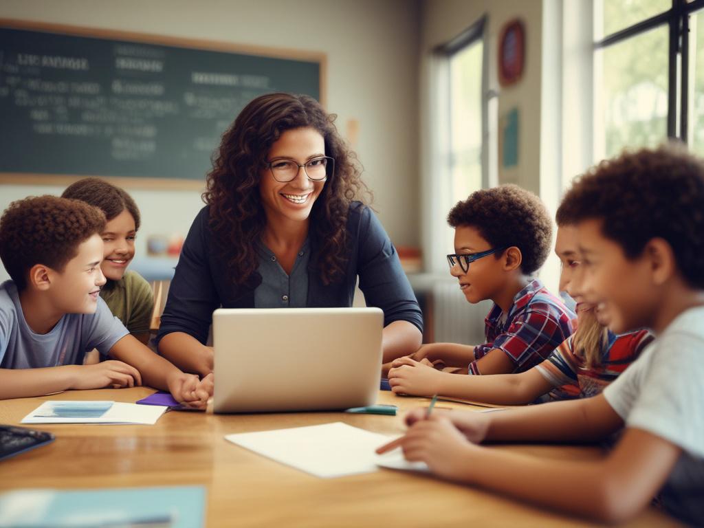 Create a realistic high-resolution photo of a friendly teacher engaging with a group of young students in a virtual classroom setting. The teacher should be in focus, smiling, and using a laptop, while the students appear enthusiastic and engaged on their screens. The background should be a warm and inviting home office with natural lighting, incorporating earthy textures like wood and plants to create a grounded aesthetic. Use natural tones that complement the primary color rgb(50, 170, 39) to enhance the 