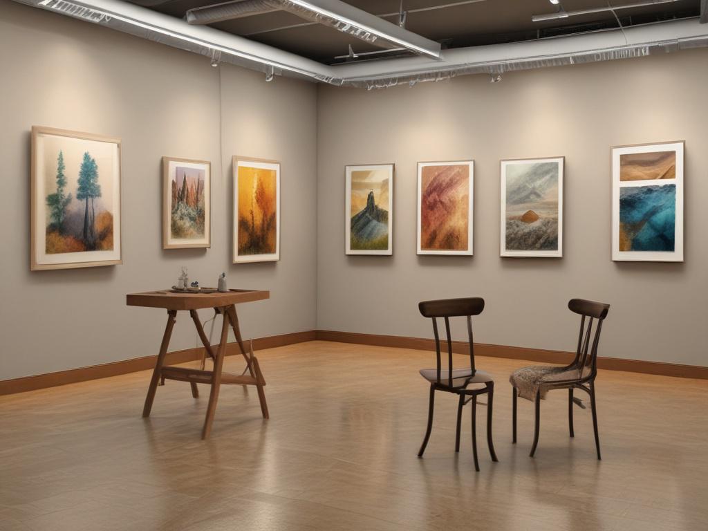 An inviting art gallery setting displaying student artwork on easels and walls, with visitors admiring the pieces. The lighting should be bright and cheerful, showcasing the vibrant colors of the art and the joy of creativity.