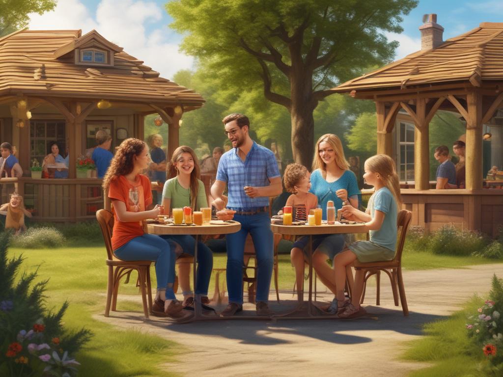 A lively Family Fun Day scene, showing families enjoying various activities together in an outdoor setting, with booths, games, and children laughing. The atmosphere should be colorful and joyful, capturing the essence of community spirit.
