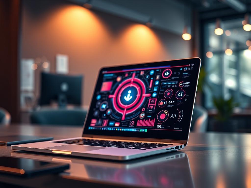 A hyper-realistic close-up of a modern office desk featuring a sleek laptop displaying a vibrant AI interface. The background is softly blurred, highlighting the laptop while maintaining a professional atmosphere. The lighting is warm and inviting, creating a sense of innovation and productivity.