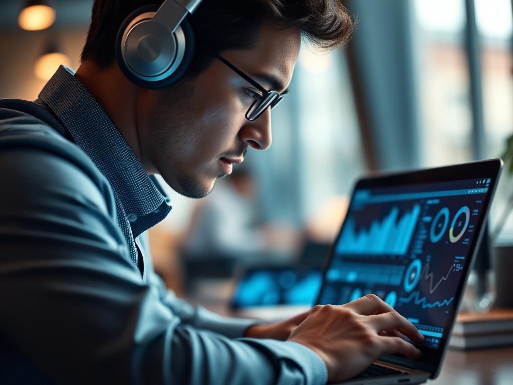 A hyper-realistic close-up shot of a professional looking at a laptop screen filled with AI analytics. The subject is focused and engaged, creating a dynamic atmosphere of innovation. The background is softly blurred to emphasize the subject, with a color palette that includes shades of teal and warm tones. The image should evoke a sense of modern technology and forward-thinking.