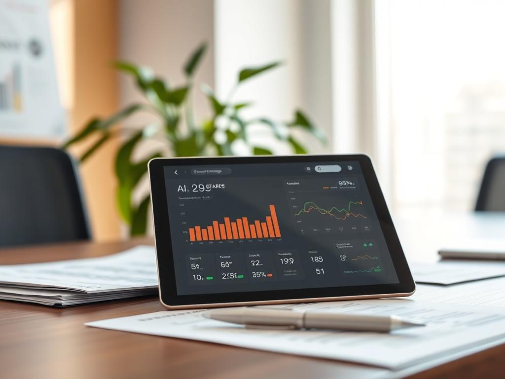 A close-up shot of a modern office desk with a tablet showing an AI dashboard, surrounded by documents and a pen. A plant is in the background, creating a fresh and productive atmosphere in focus with natural lighting.