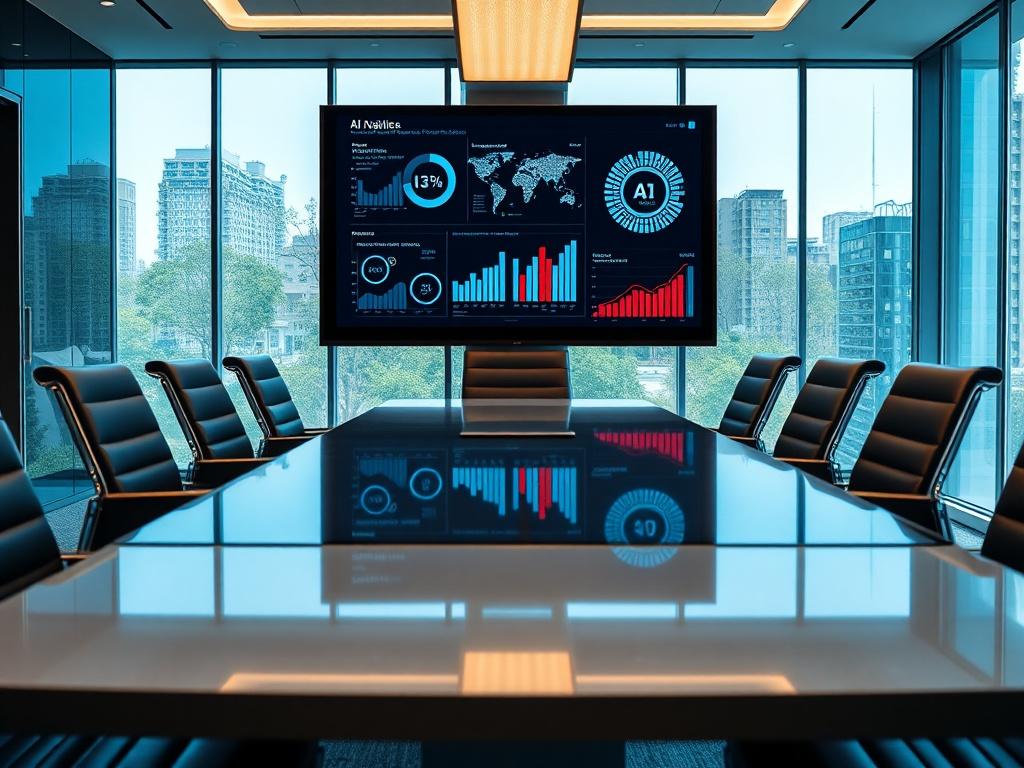 A high-resolution image showcasing a conference room with a large screen displaying AI analytics, chairs around a polished table, and a bright window view. The focus should be on the screen showing data-driven insights, creating a professional environment.