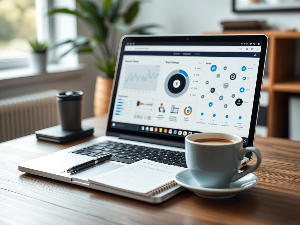 A high-resolution image of a professional workspace with a laptop displaying an AI interface, a notepad, and a cup of coffee on a wooden desk. The background should be softly blurred to emphasize the laptop screen, captured in a natural light setting.