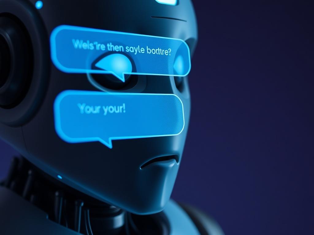 A hyper-realistic close-up shot of a chatbot interface displaying custom AI responses. The background should be simple, emphasizing the chatbot's interaction with users. Focus on the dialogue bubbles showing personalized messages, showcasing the customizable nature of the AI response system.