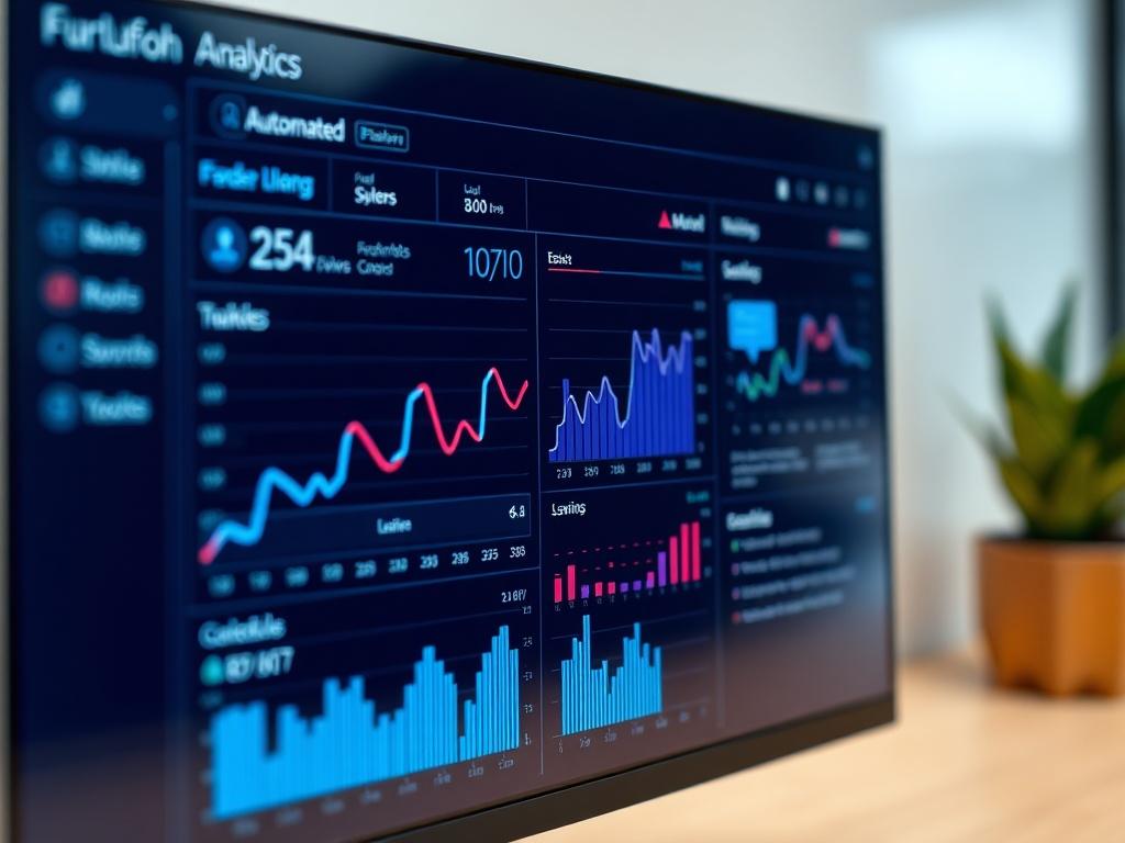 A hyper-realistic close-up shot of a digital interface displaying AI-driven lead management analytics. The background should be simple with a modern, sleek design. Focus on the screen showcasing graphs, automated responses, and scheduling features, emphasizing the advanced technology used in lead management.
