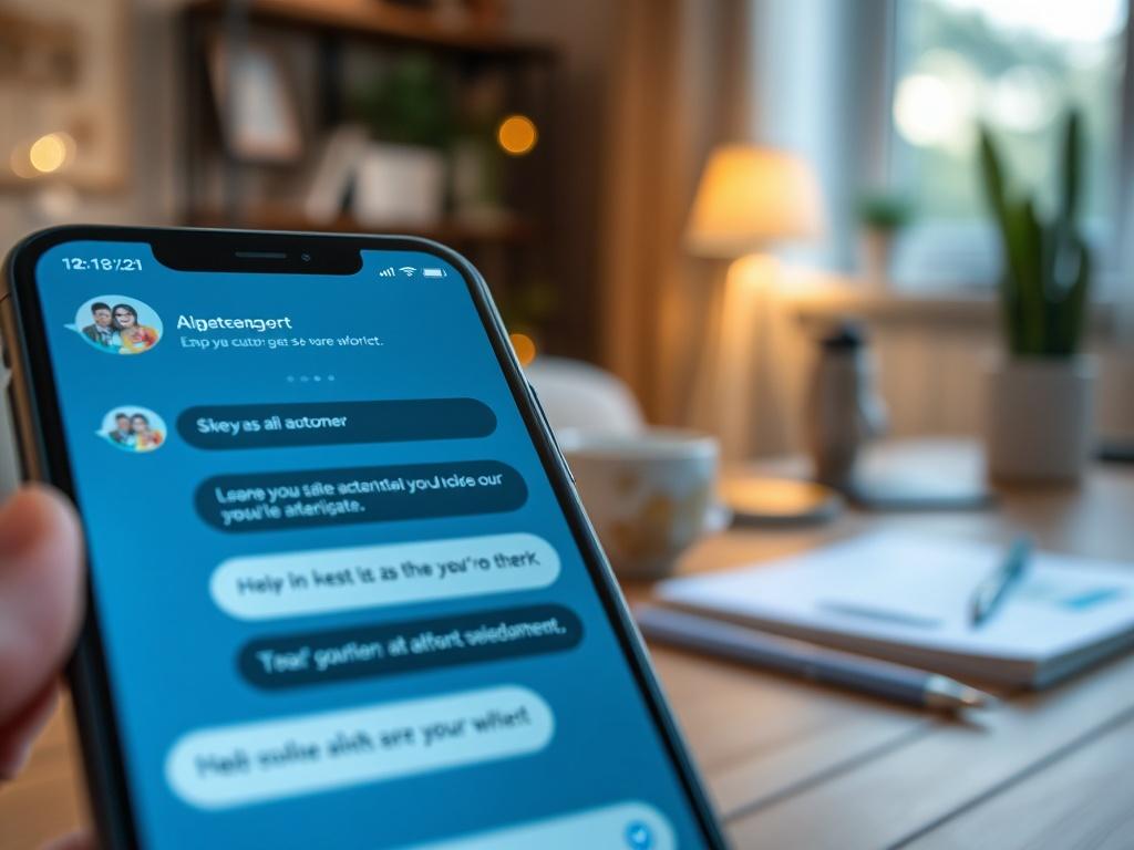 A hyper-realistic close-up of a smartphone displaying a chat interface with an AI chatbot responding to customer inquiries. The background shows a cozy home office setting.