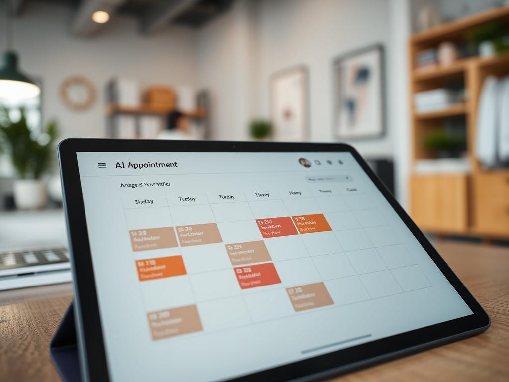 A close-up shot of a digital calendar on a tablet, with an AI interface showcasing available appointment slots. The background is a stylish and organized office space.