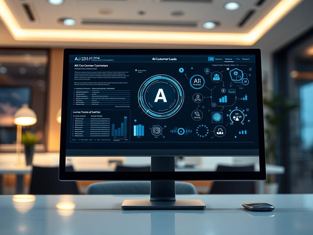 A close-up shot of a modern computer screen displaying an AI interface capturing customer leads. The background is a sleek, contemporary office environment with soft lighting to create a professional atmosphere.