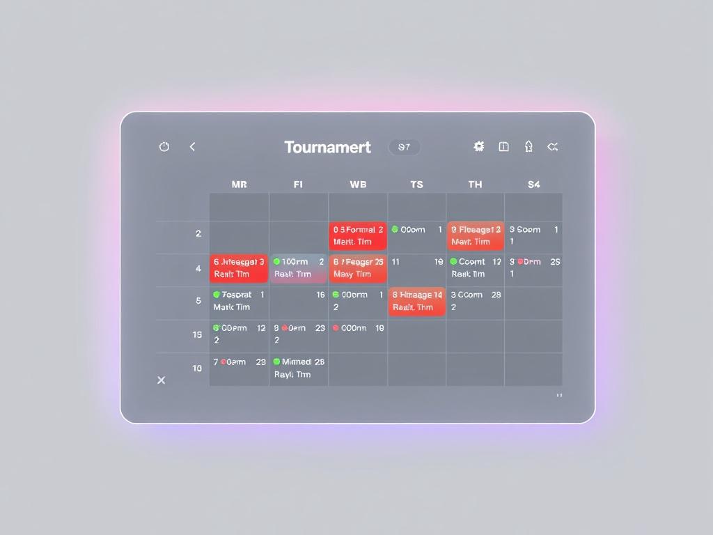 A high-resolution image of a modern digital calendar interface displaying upcoming tournament dates for Super Smash Brothers Ultimate. The calendar should be clean and minimalistic with a focus on the dates highlighted in vibrant colors. The background should be simple and neutral to emphasize the calendar itself, with a touch of the primary color rgb(50, 170, 39) subtly integrated into the design.