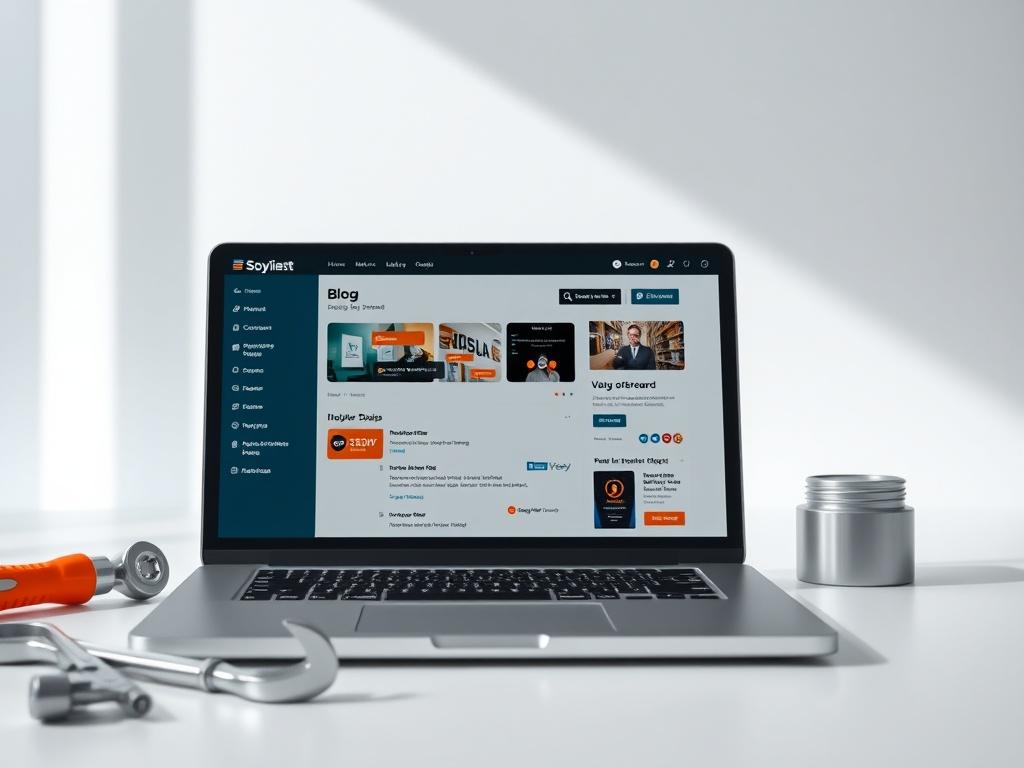 A serene image of a laptop displaying a blog dashboard,