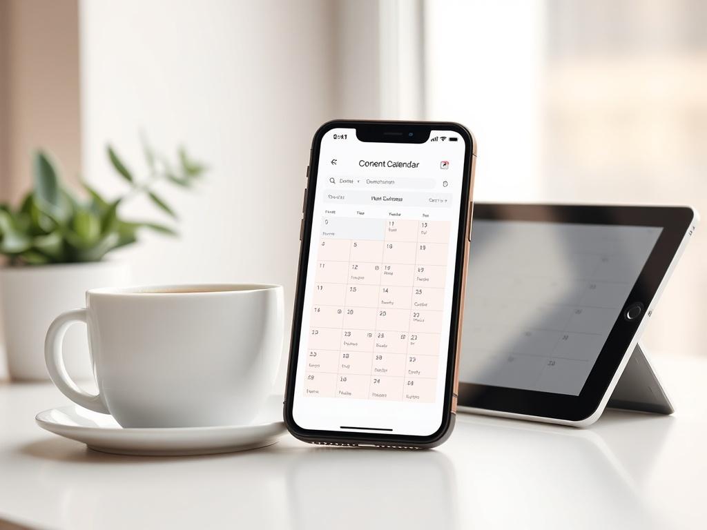 A visually appealing content calendar displayed on a smartphone alongside