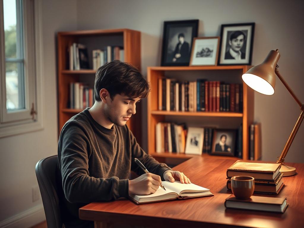 Create a realistic high-resolution photo that encapsulates the theme "Crafting Your Personal Narrative". The composition should feature a single subject, a contemplative individual sitting at a cozy writing desk, deep in thought as they jot down notes in a leather-bound notebook. The subject should be positioned slightly off-center to create a natural visual flow. 

In the background, arrange soft, muted colors for a serene atmosphere, perhaps with a warm, wooden bookcase filled with well-loved books and fr
