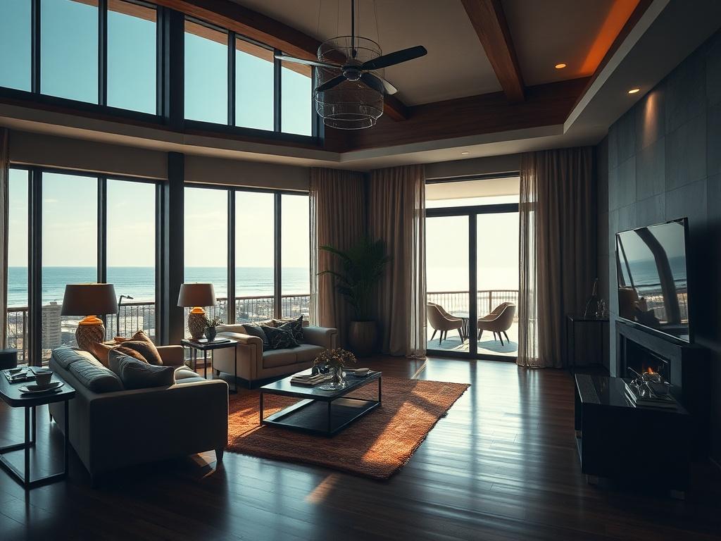 A cinematic video tour scene showcasing a beautifully decorated vacation rental interior, highlighting a spacious living room with elegant furniture, large windows letting in natural light, and tasteful decor. The image should have a dramatic atmosphere with rich contrasts and deep shadows, creating an inviting ambiance. The background should feature a glimpse of the outdoor setting, possibly a beach or urban landscape, enhancing the appeal of the rental property.