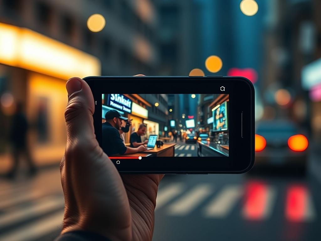 A high-resolution image of a dynamic social media video being played on a smartphone screen. The video showcases vibrant clips of a product being used in a real-life scenario, capturing attention with dramatic lighting and rich contrasts. The background is blurred with an urban setting, highlighting the modern, fast-paced nature of social media. The composition focuses on the phone, with a hand holding it, emphasizing engagement and interaction.