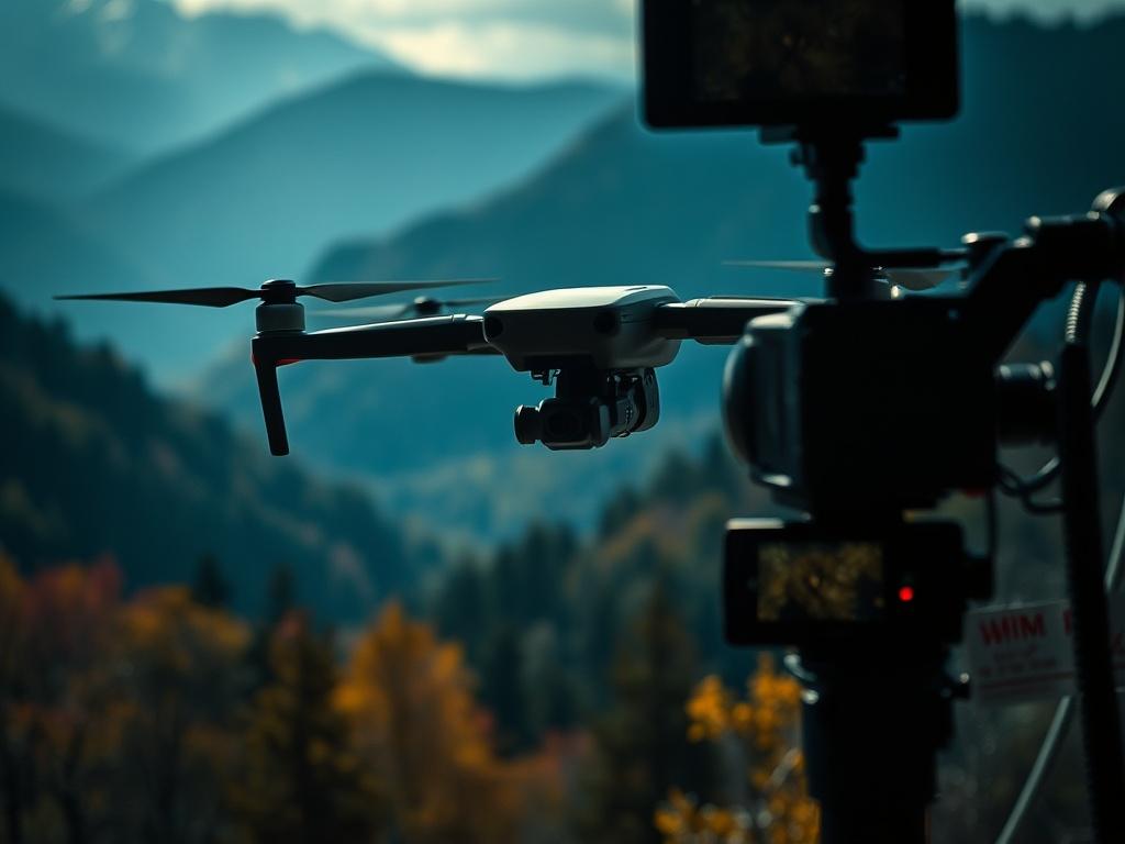 A cinematic film production scene featuring a drone capturing aerial