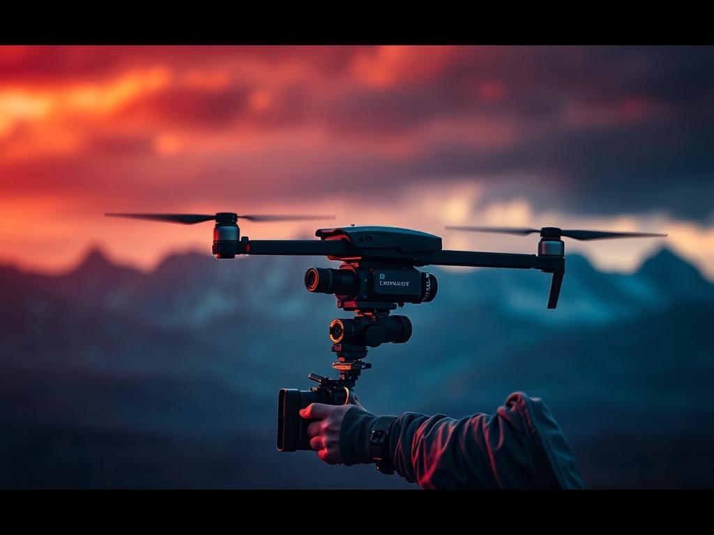 A cinematic scene of a filmmaker operating a drone in