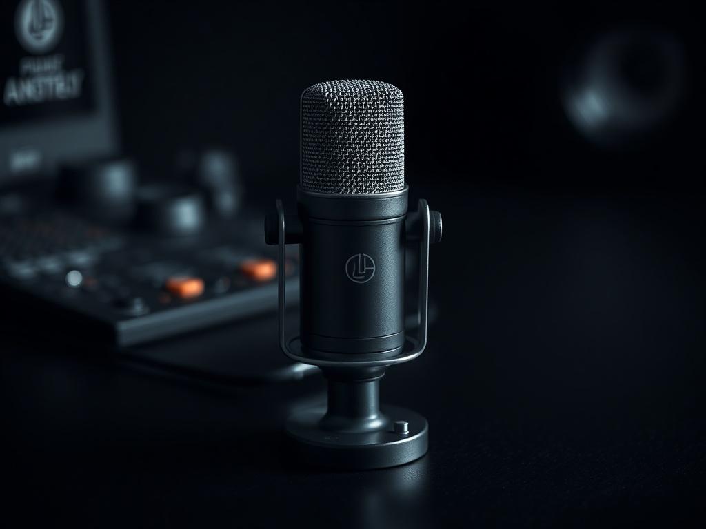 A high-resolution photo of a professional microphone on a sleek black surface. The microphone should be the central focus, showcasing its intricate details and design. Soft, dramatic lighting should create deep shadows and rich contrasts, emphasizing the microphone's features. The background should be blurred to highlight the microphone, maintaining an intense atmosphere.