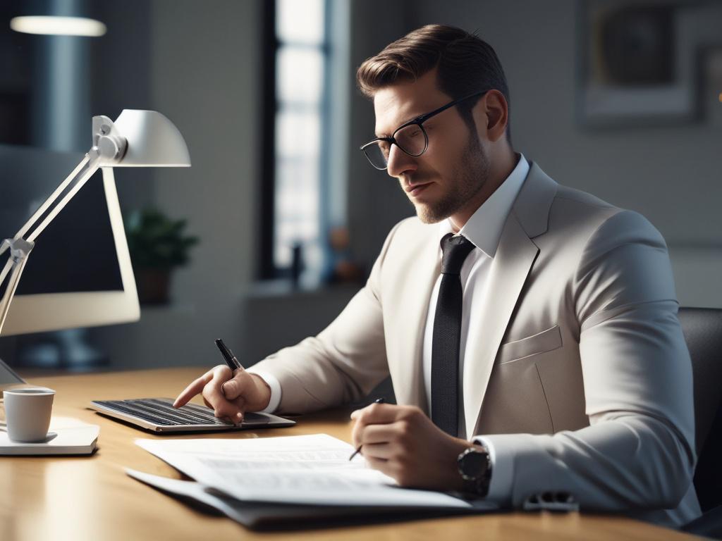 A professional financial advisor sitting at a modern desk, engaging