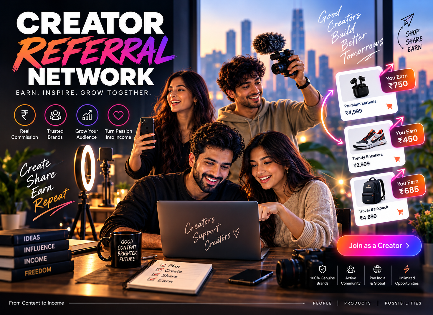 Creator referral network showing how creators earn through product promotion