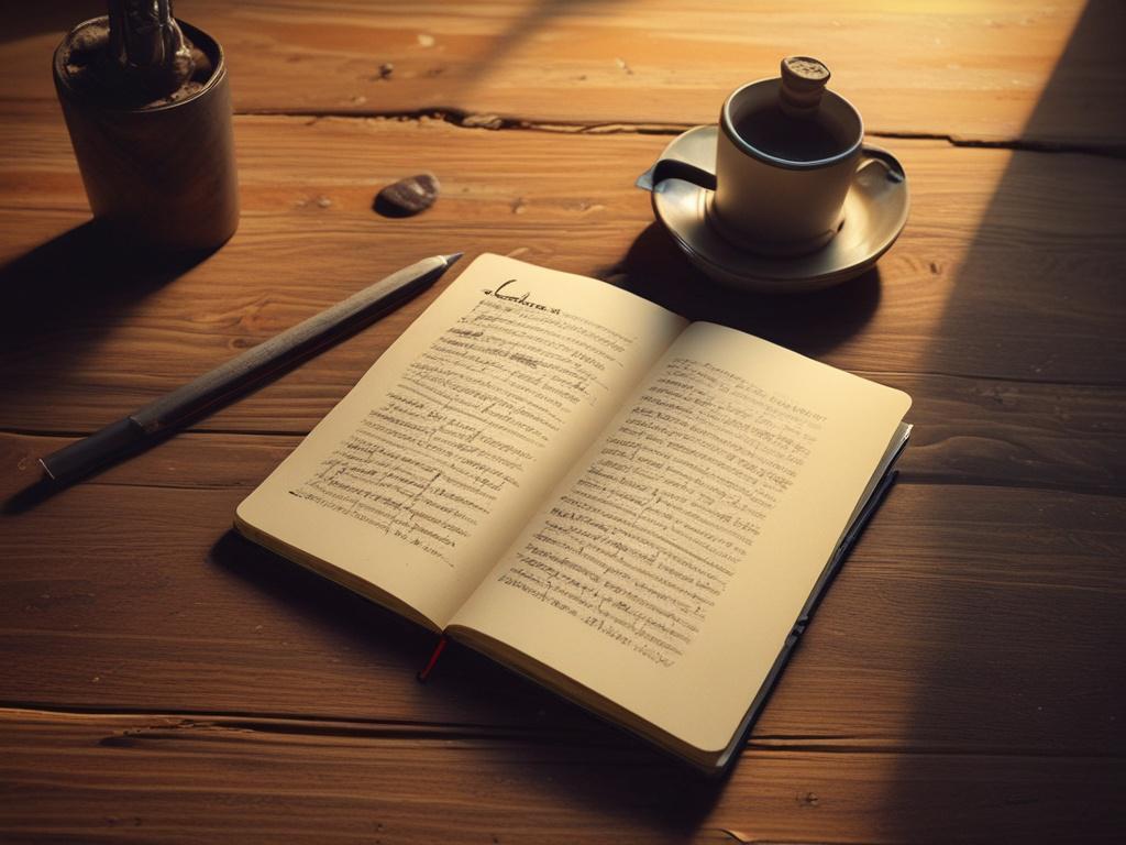 An open notebook on a rustic wooden table, with a