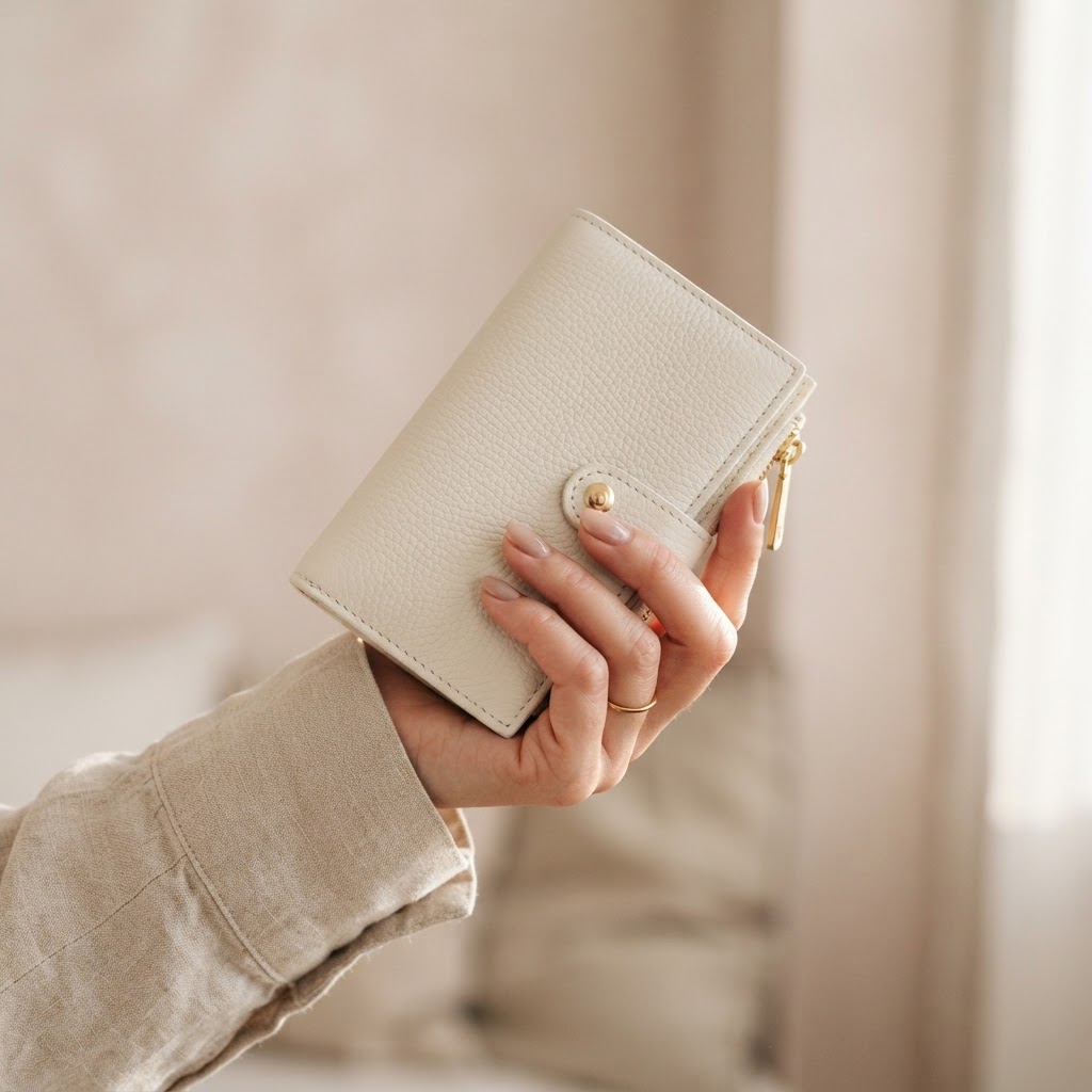 Hand holding an ivory leather wallet with delicate stitching