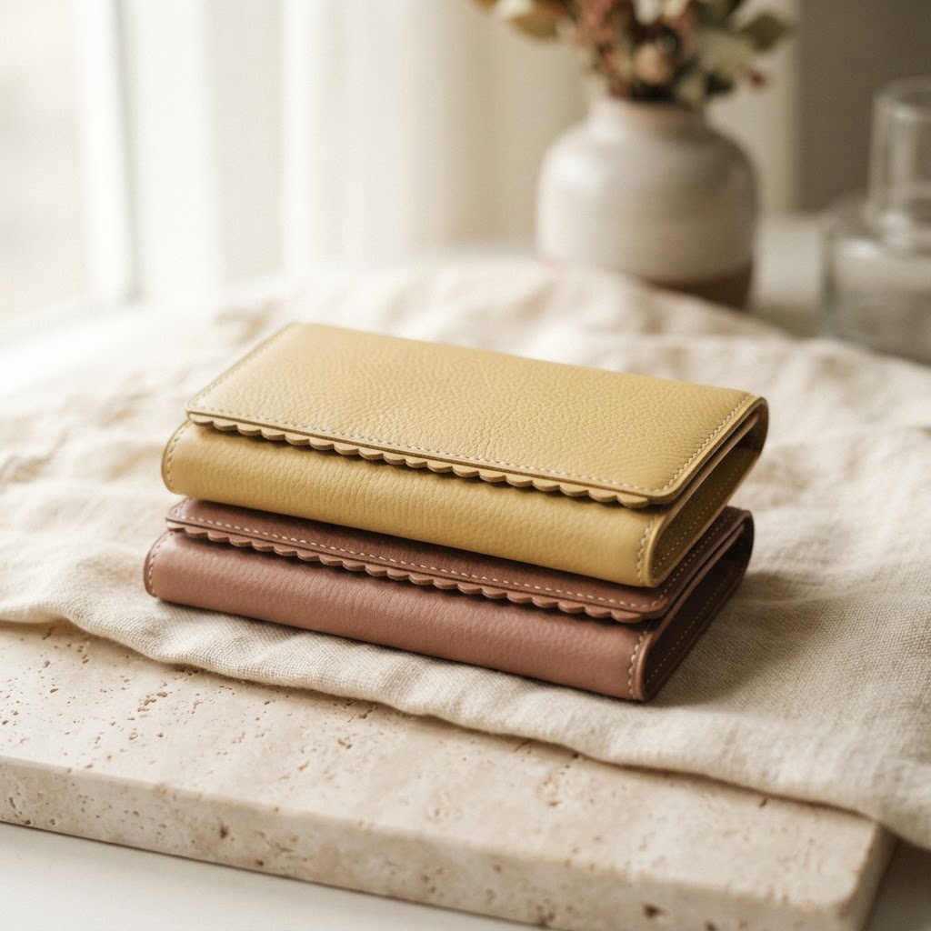 Butter yellow and dusty rose wallets with fine stitched scalloped trim