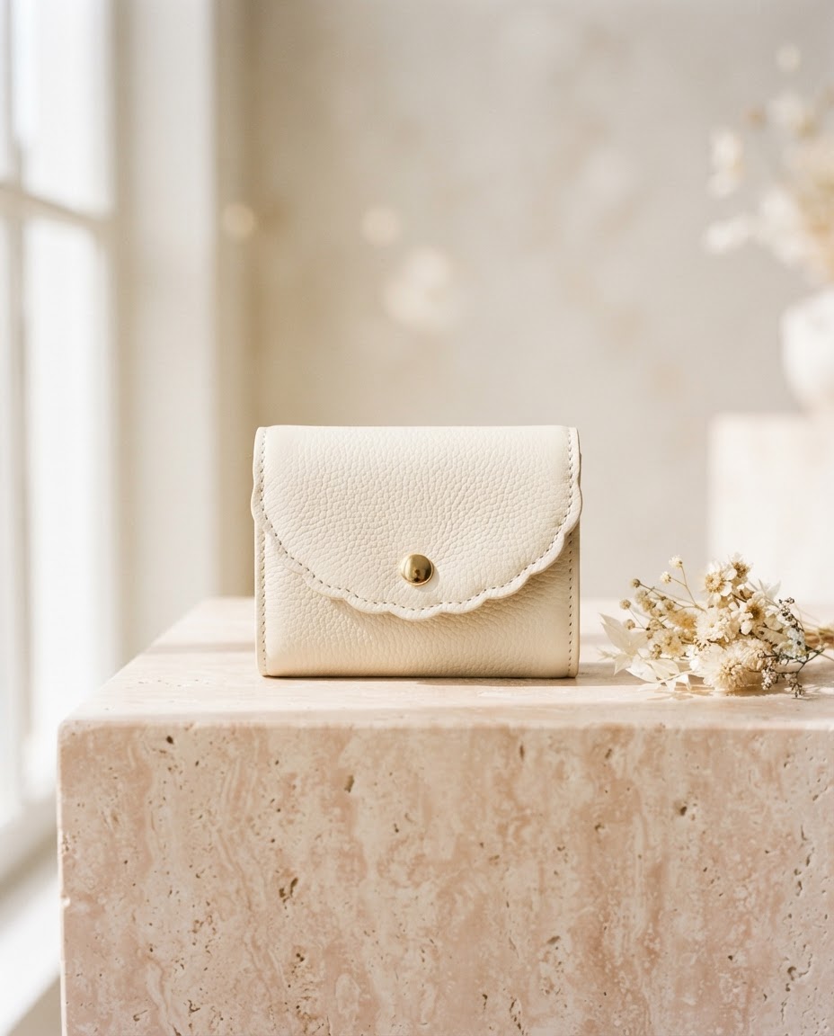 Ivory leather wallet with delicate scalloped stitching in warm sunlight