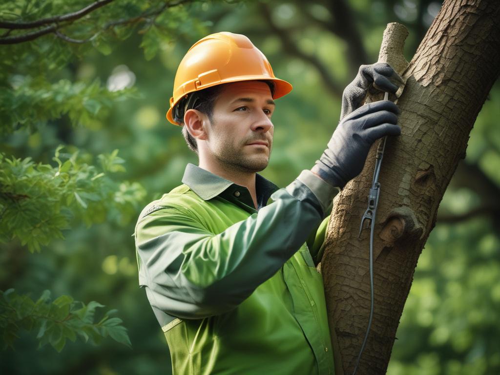 A close-up shot of a professional arborist inspecting a tree with a focus on their hands and tools, set against a backdrop of vibrant green foliage. The image should capture the expert's concentration and the health of the tree, using soft natural lighting to highlight the textures of the bark and leaves. The composition should be simple and clear, with the arborist as the sole subject, showcasing their commitment to tree care.