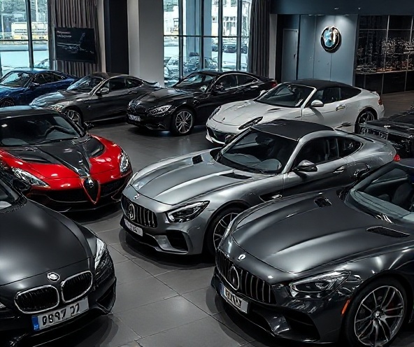 Multiple luxury and high-end premium vehicles including BMWs, Mercedes, and exotic cars