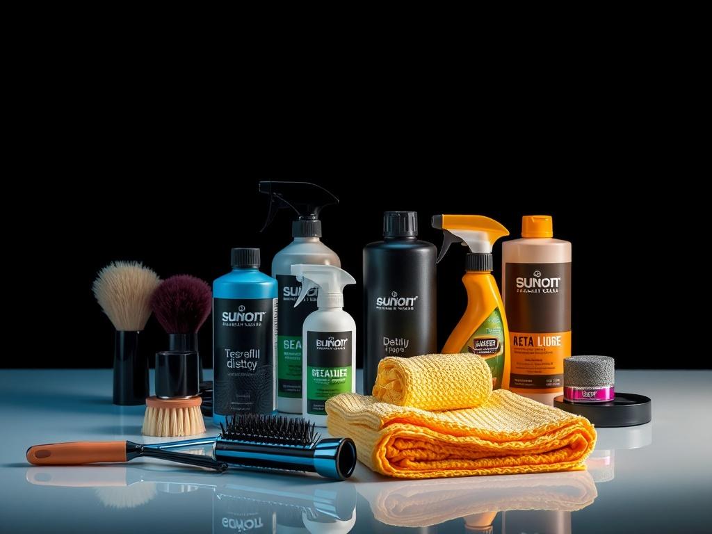 A high-resolution image showcasing various detailing products and tools used for add-on services. The composition should include items like brushes, sprays, and cloths, arranged neatly on a clean surface. The background should be minimalistic to emphasize the quality of the products, with a dark theme and electric blue accents.