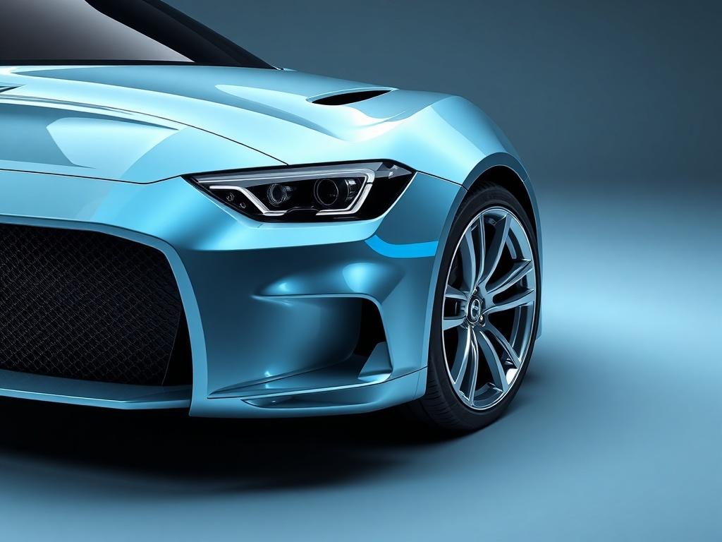 A high-resolution image of a gleaming car exterior, capturing the shine and reflections on the paint. The composition should feature the front of the car, showcasing the clean surface and polished wheels. The background should be simple and clean to highlight the vehicle's stunning exterior, with a dark theme and electric blue accents.